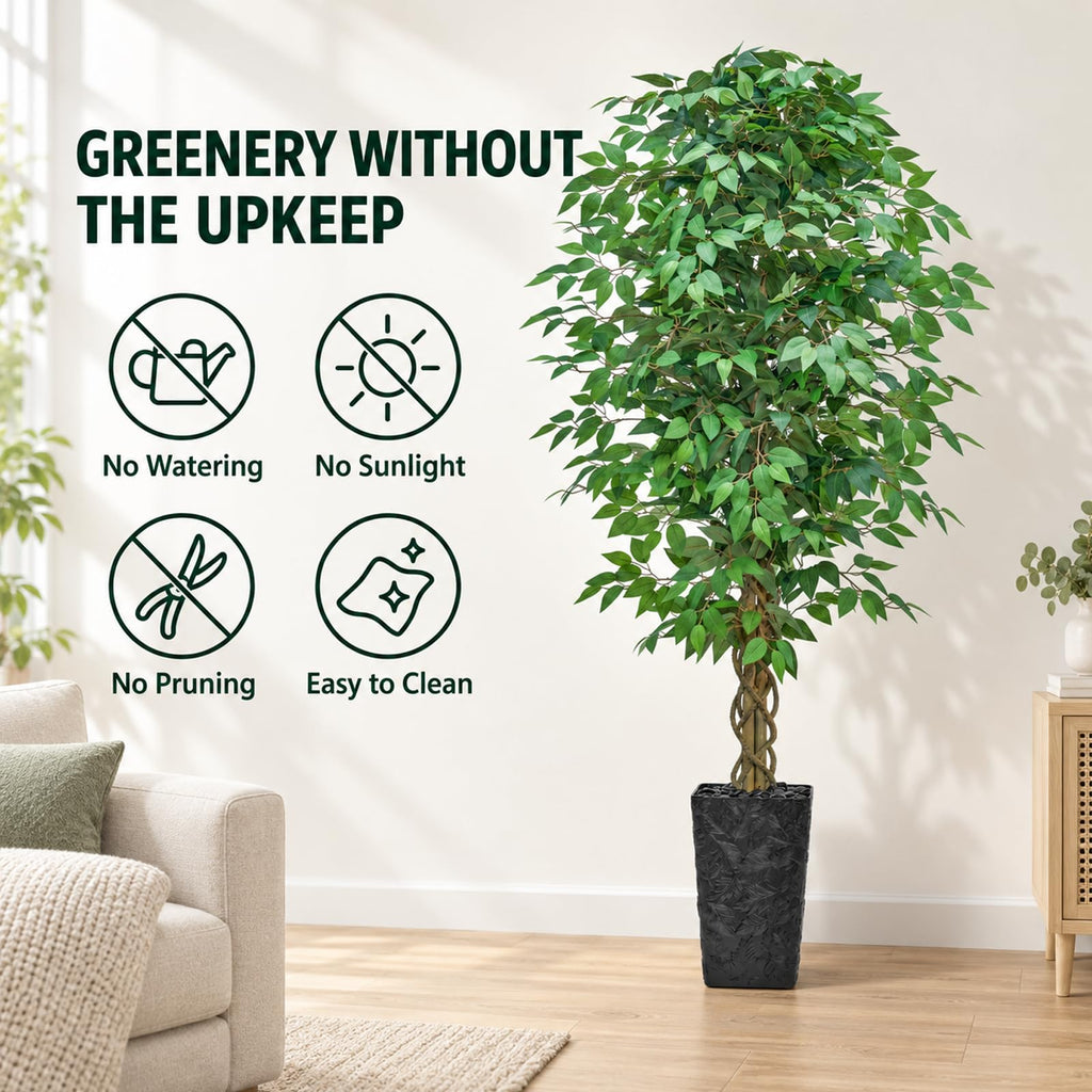 Artificial Ficus Tree 7FT, Large Fake Tree Decor (Black Planter)