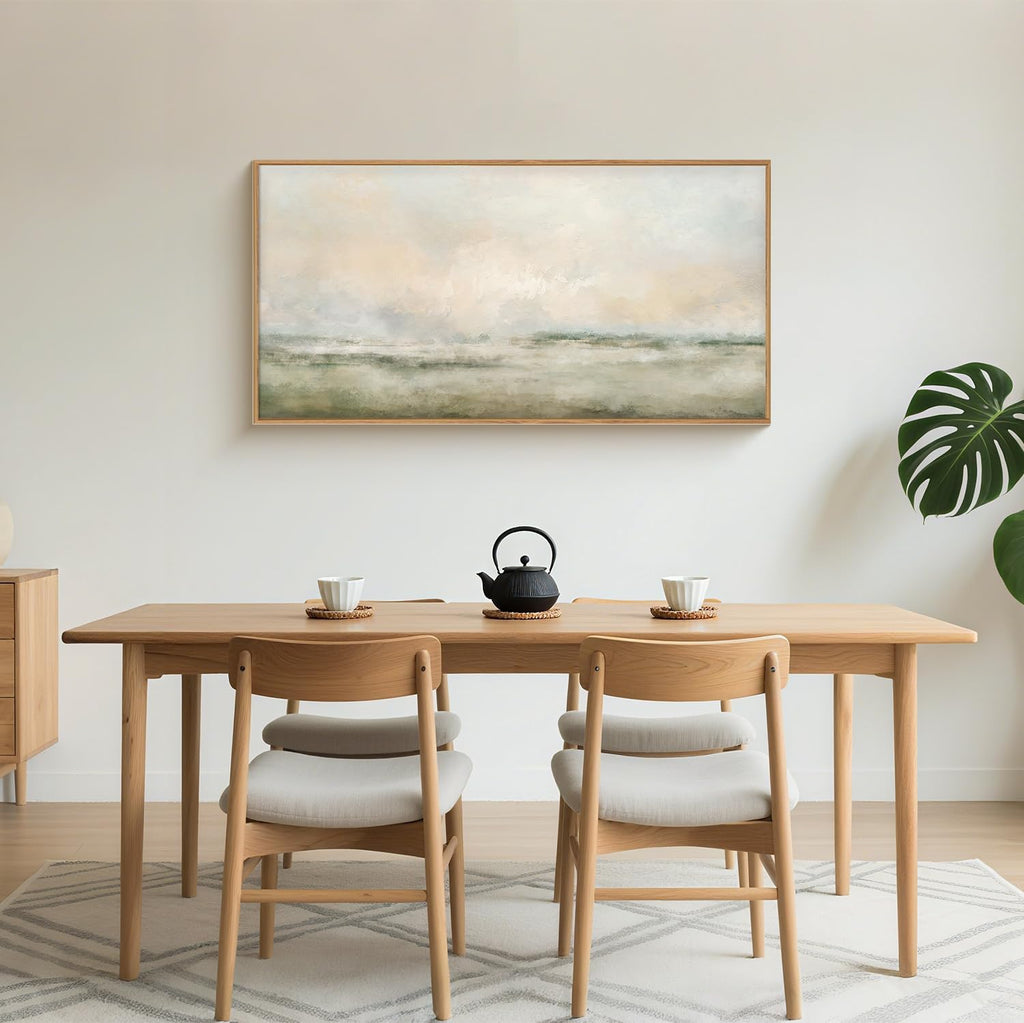 Abstract Natural Landscape Framed Canvas Wall Art Set, Watercolor Tan Green Beige Wall Decor, Minimalist Neutral