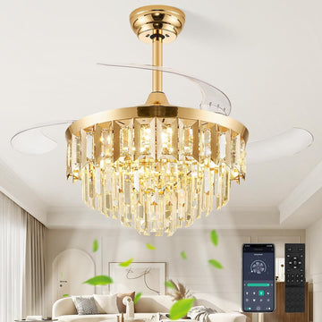 42" Fandelier Ceiling Fan with Light, Crystal Chandelier Fan with Retractable Blades Dimmable Crystal Ceiling Fan