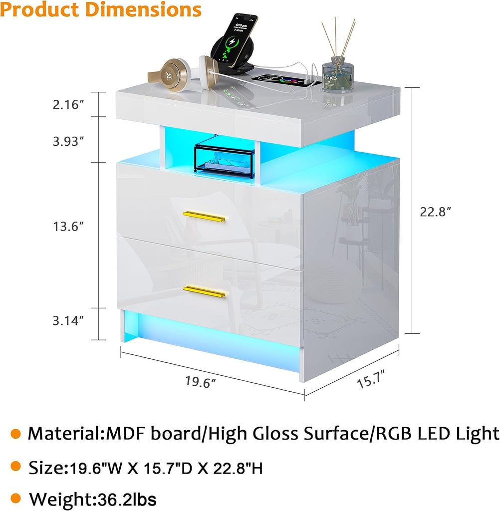 Night Stand Set of 2 with RGB Lights, LED Nightstand with Charging Station, Modern Bedside Table with 2 Drawers