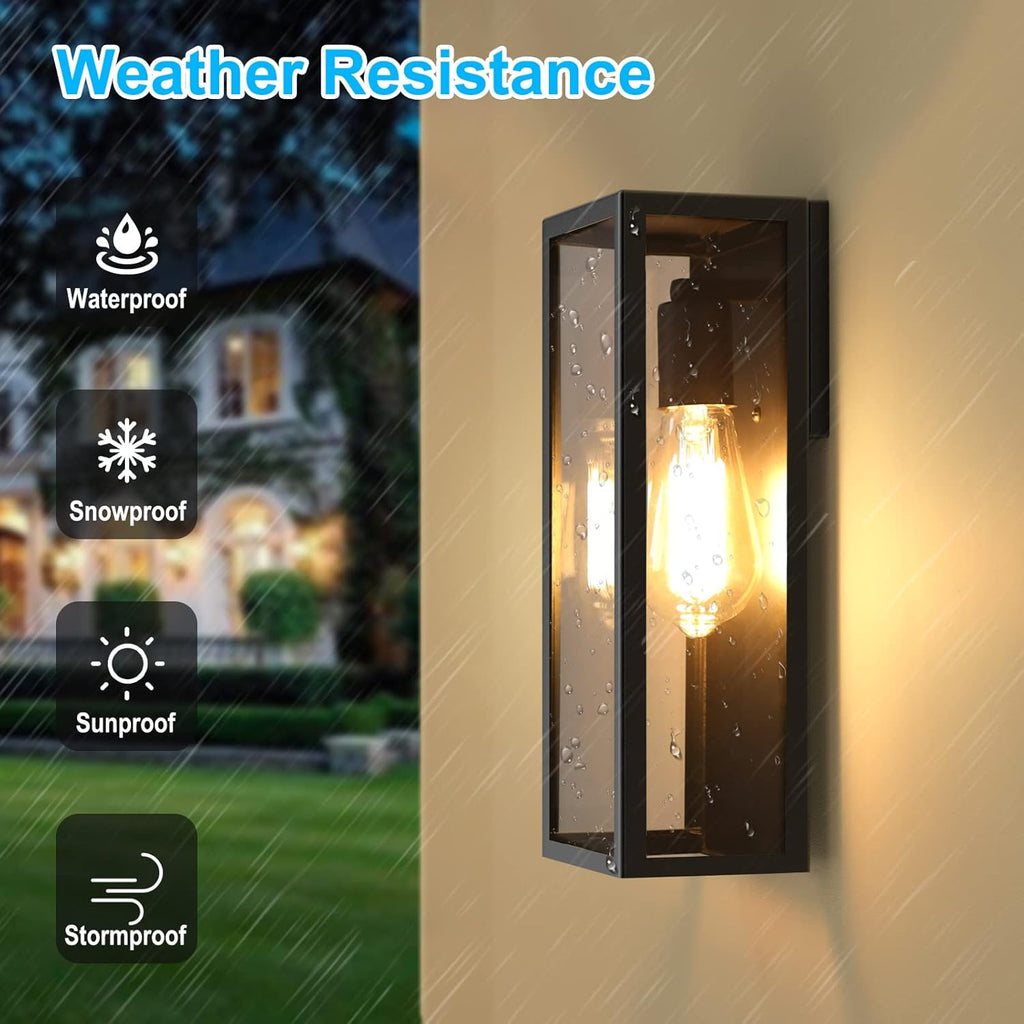 2-Pack Outdoor Wall Lanterns, Exterior Waterproof Wall Sconce with Glass Shades, Matte Black Porch Lights Wall Mounted