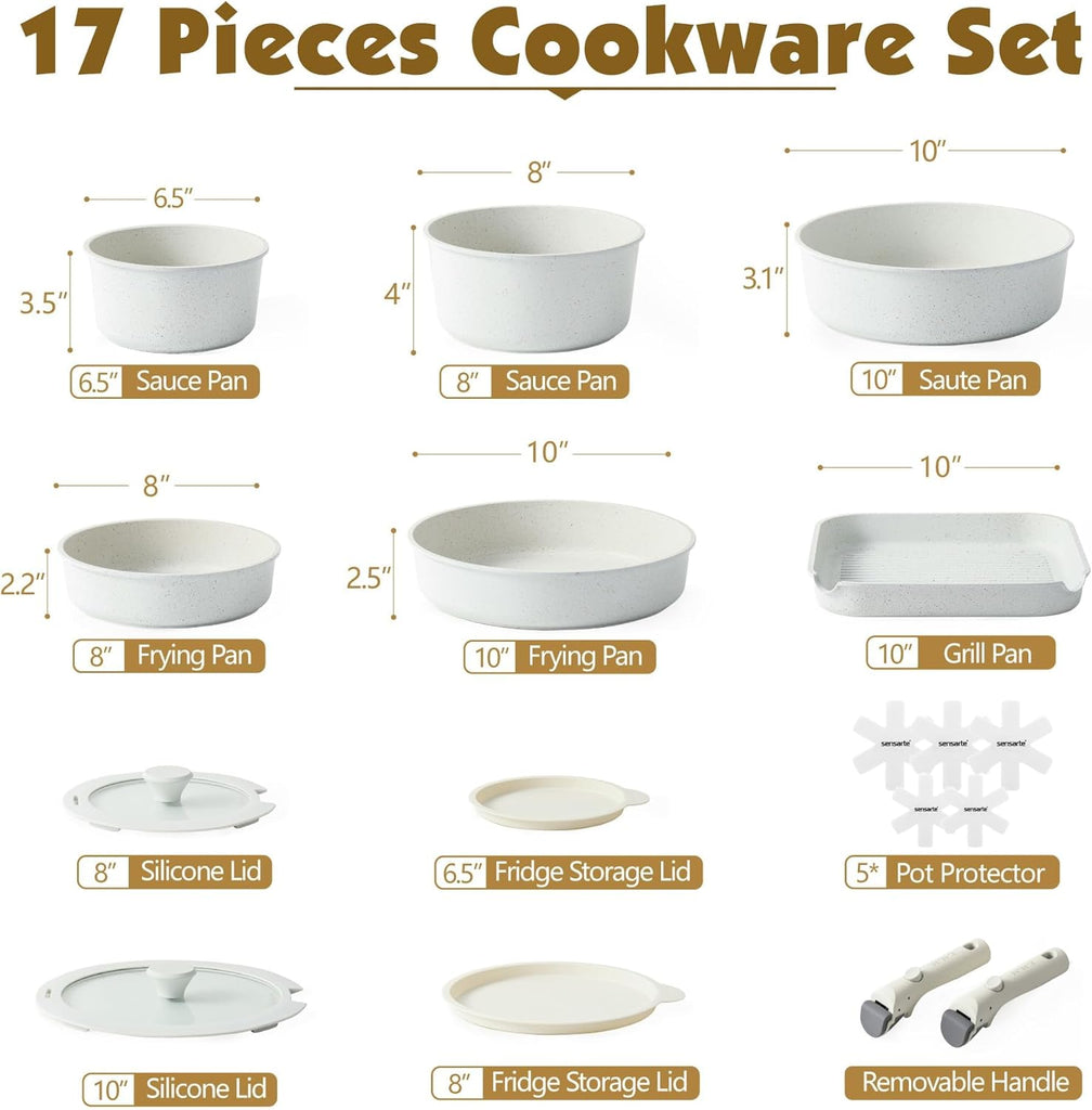 17 Piece Nonstick Detachable Handle Pots and Pans Set White | Removable Handle Cookware Set, Induction Cookware Set