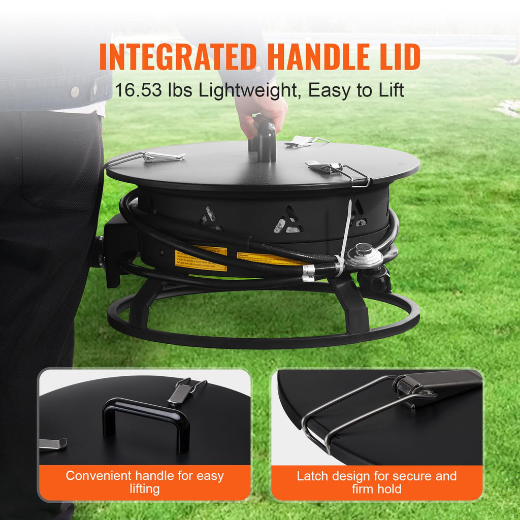 Propane Fire Pit, 19-Inch Diameter Outdoor Portable Gas Fire Pit with Cover & Lava Rocks, Adjustable Flame Height