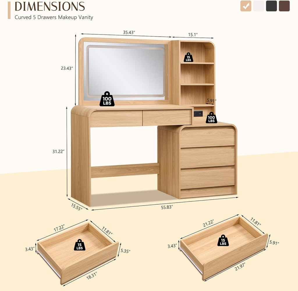 Vanity Desk with Mirror and Lights, 50" Modren Makeup Vanity with 35.43" Mirror and 5 Drawers, Makeup Table with
