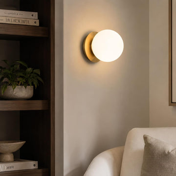 Modern Globe Brass Wall Sconce: 6" Gold Mid Century Modern Indoor Wall Mounted Lamp - Small Minimalist Frosted White