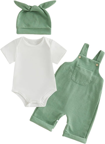 Newborn Baby Boy Clothes Summer Outfit Solid Color Short Sleeve Romper Waffle Suspender Shorts Overall Set 3Pcs