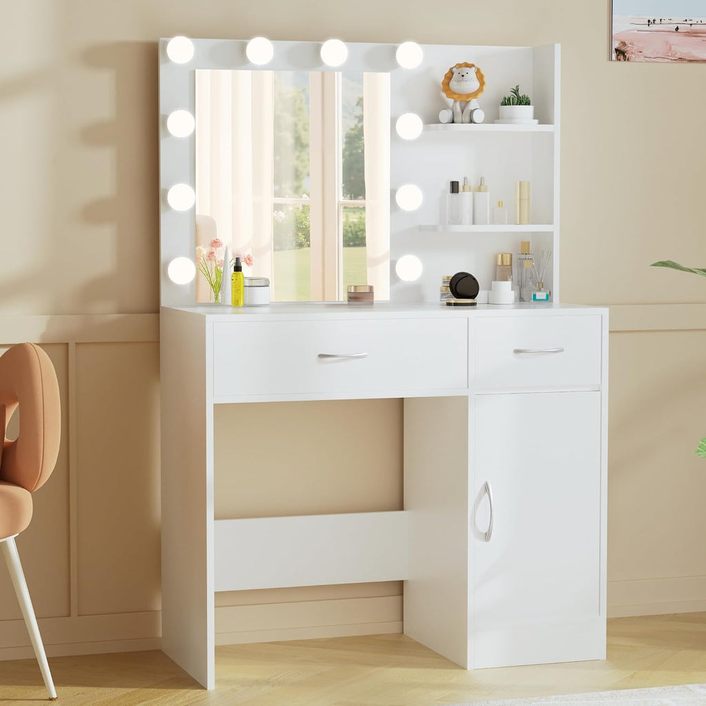 35.4" White Makeup Vanity Desk with 10 Hollywood Light Bulbs | Dimmable Lighting, Large Mirror, Storage Cabinet