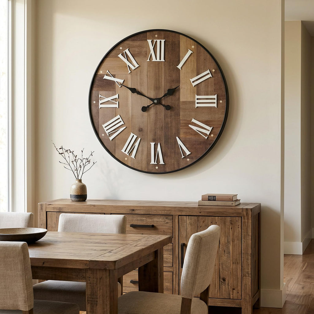 30 Inch Large Farmhouse Wall Clock with 3D Roman Numerals (Brown)