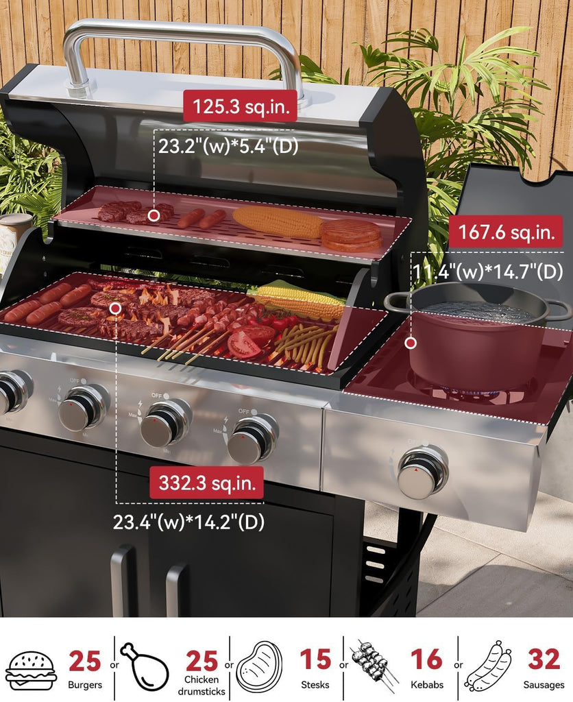 4-Burner Propane Gas Grill with Side Burner, 49,000 BTU Stainless Steel BBQ Grill with Cast Iron Grates and Side Tables (Black)