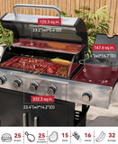 4-Burner Propane Gas Grill with Side Burner, 49,000 BTU Stainless Steel BBQ Grill with Cast Iron Grates and Side Tables (Black)