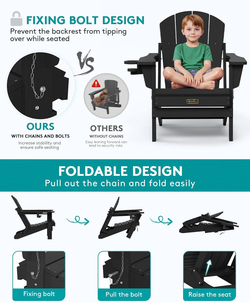 Folding Adirondack Chairs with Cup Holder, Outdoor Fire Pit - Black | Foldable Adirondack Chair with Wood Texture
