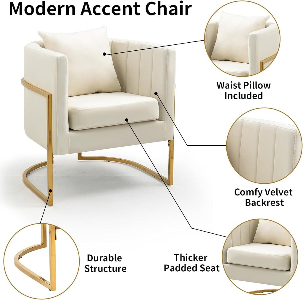 Velvet Modern Accent Chair, Upholstered Barrel Armchair Mid Century with Pillow , Comfy Single Vanity Chair with
