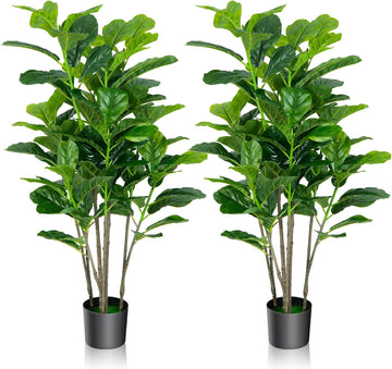 Fake Fiddle Leaf Fig Tree, 2-Pack 51'' Tall Artificial Tree Greenery Plants in Pots W/100 Leaves, Decorative Faux - Set of 2