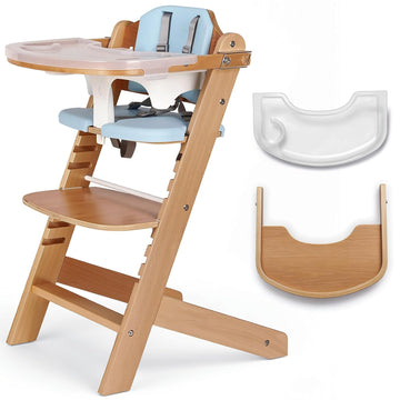 Natural Wooden Baby High Chair with Cushions & 3-Tier Remove Adjustable Tray Cushion, Easy to Clean & Natural Wooden