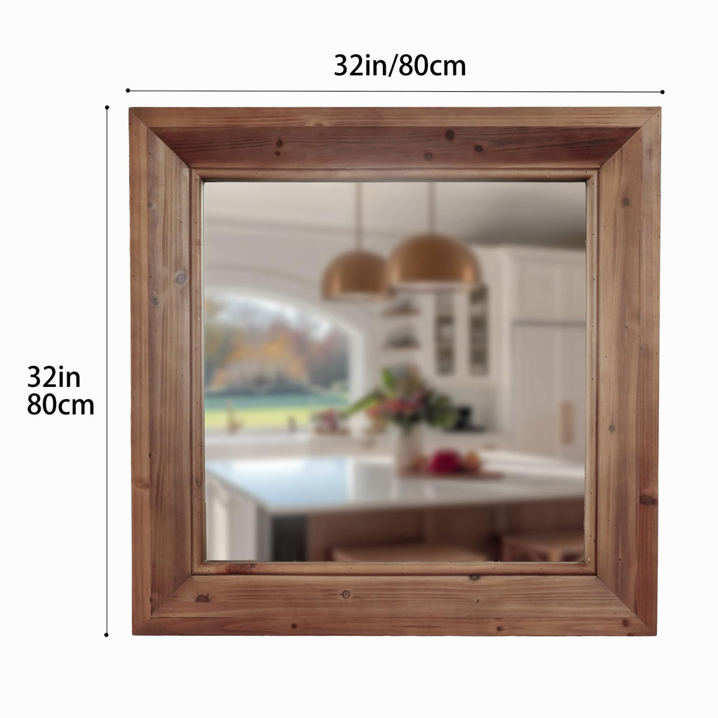 Rustic Farmhouse Wall Mirror, Solid Wood Frame Square Decorative Mirror, Country Style Accent Mirror, 32"x32"