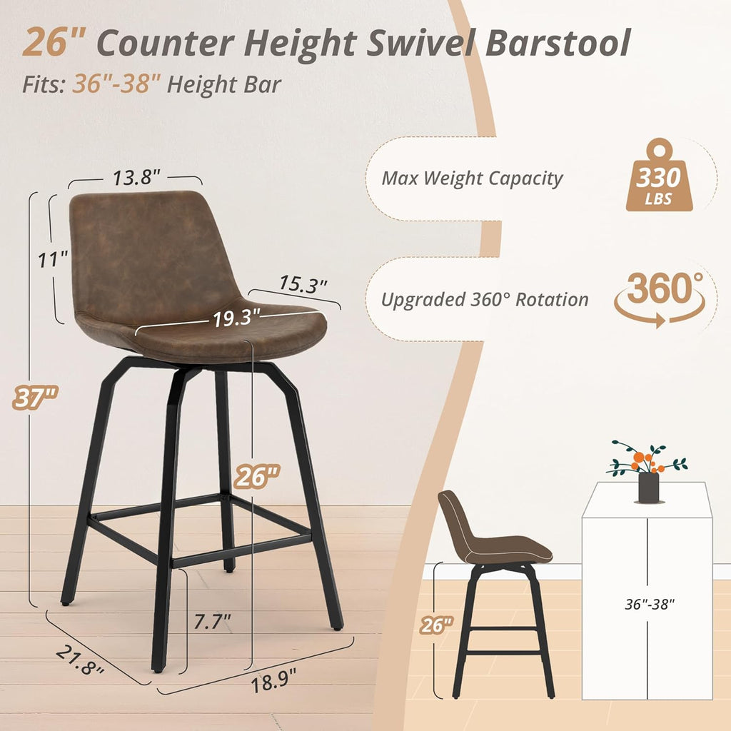 360° Swivel Bar Stools Set of 4, 26 Inch Counter Height Bar Stools, Modern Faux Leather with Enlarged Seats, Metal