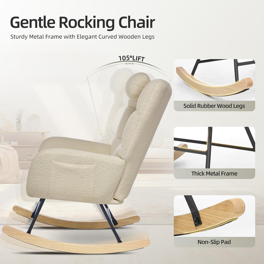 Nursery Rocking Chair with Ottoman, Teddy Upholstered Glider Rocking Chair with High Backrest, Armchair Reading Chair