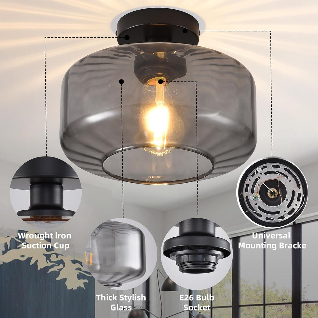 Glass Semi Flush Mount Ceiling Light, Modern Close to Ceiling Light Fixtures with Smoke Grey Glass Shade, Light