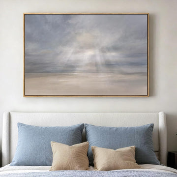 Large Framed Abstract Beach Landscape Wall Art, Horizontal Minimalist Coastal Seascape Canvas Artwork for Walls