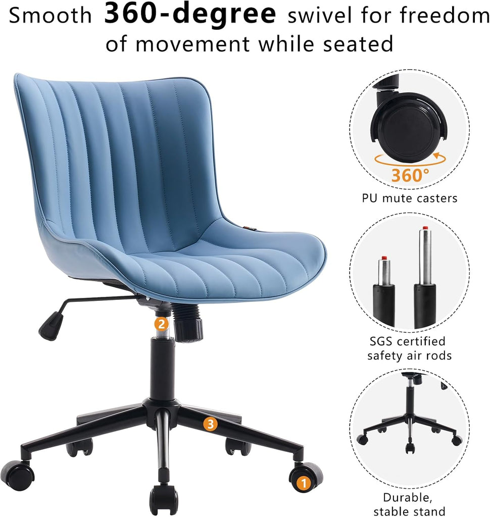 Blue Office Desk Chair with Wheels Comfy Armless Vanity Chair with Back Modern Small Faux Leather Upholstered Rolling