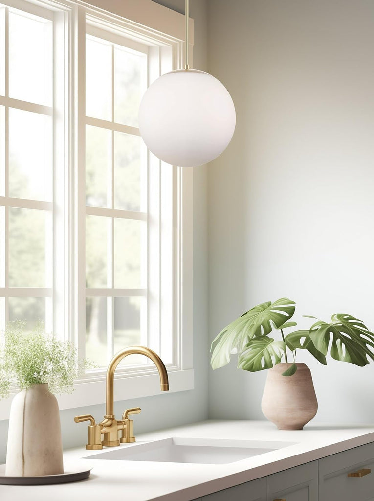 Ceres 14" Mid Century Modern Globe Pendant Light, Minimalist White Frosted Glass Orb Hanging Lamp, Cool Brass Finish