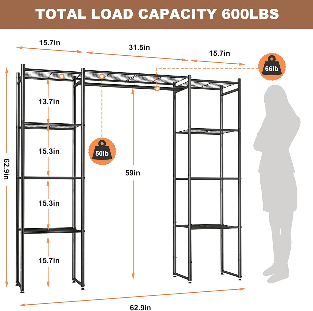 Portable Closet Wardrobe, Metal Clothing Rack with 8 Shelves & 1 Hang Rod, Free Standing Closet Rack for Hanging
