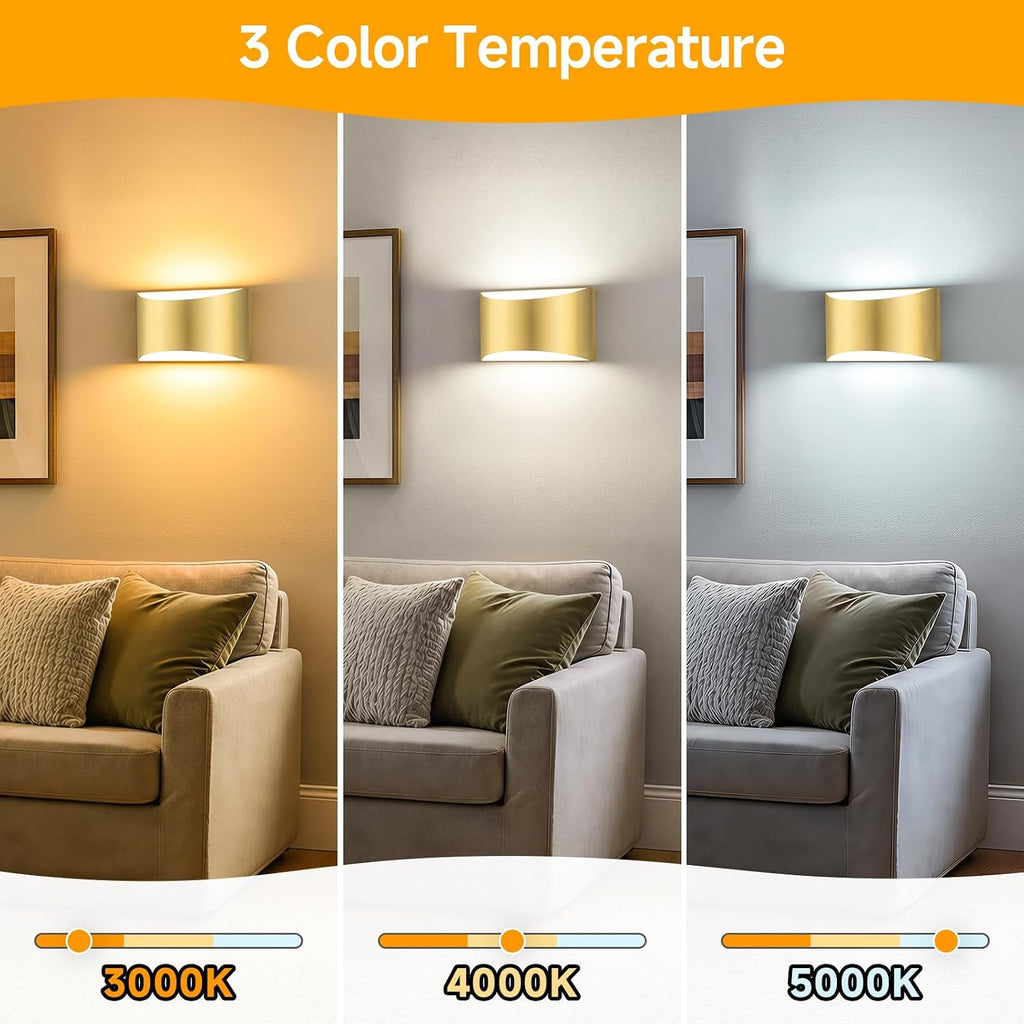 Modern LED Wall Sconce Set of 2, Gold Indoor Wall Lighting Fixture with 3 Colors Temperatures, 10W Up/Down Hardwired