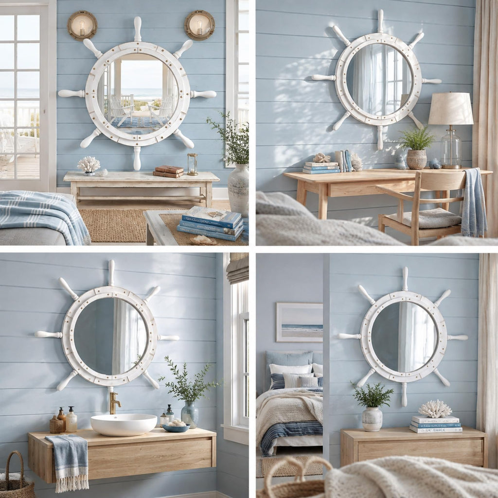 Nautical Ship Wheel Mirror Wall Mounted, White Handle, 36 Inch