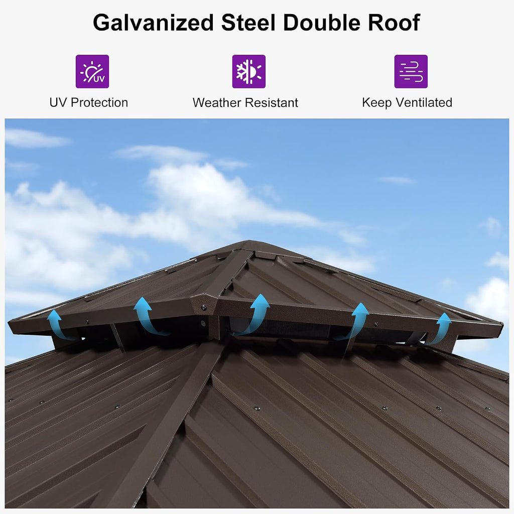 10’ X 10’ Outdoor Hardtop Gazebo Metal Frame Galvanized Steel Double Roof with Curtains and Nettings for Patio Desk