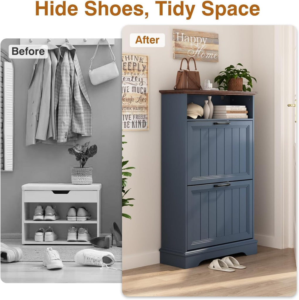 Shoe Storage Cabinet with 2 Flip Drawers, 24" W Farmhouse Modern Hidden Shoes Rack with Adjustable Shelves & Open