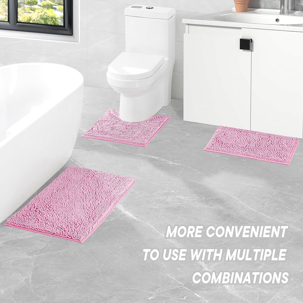 Pink Bathroom Rugs Sets 3 Piece Washable, Luxury ,Chenille Bath Mat Set, Soft Plush Anti-Slip Rectangular Bath, Rug