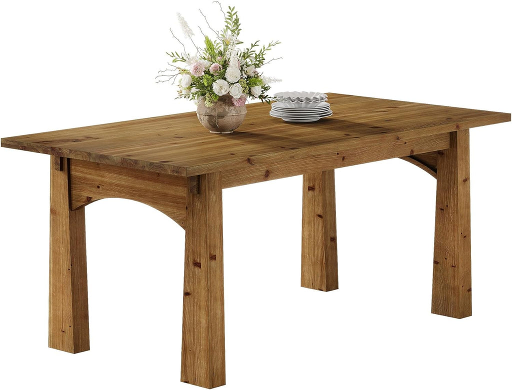 Solid Wood Dining Table for 4-6 People, 63-Inch Farmhouse Kitchen Table with Rich Grain and Texture, Wooden