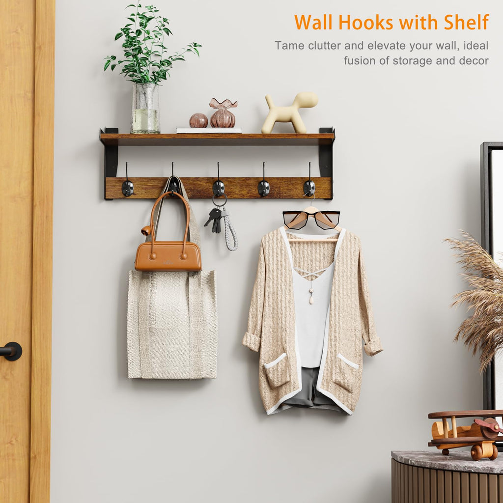 Coat Rack with Wall Mount, 23 Inch Long Entryway Wall Shelf with Hooks, Wood Hanger with Storage Shelf, Rustic Brown