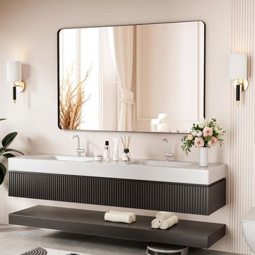 Black Bathroom Mirror 55X36 Inch Bathroom Vanity Mirror for Wall, Metal Frame Large Mirror, Tempered Glass, Modern