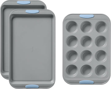 3-Piece Metal Cookie & Muffin Sheet Bakeware Set, Cerulean | Lightweight stainless steel trays with heatsafe silicone