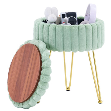 Vanity Stool with Storage, Faux Fur Ottoman Chair with Metal Legs