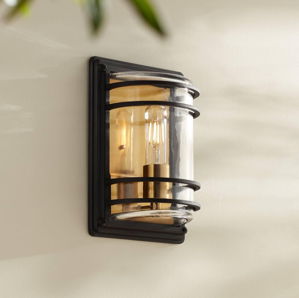 11" High Modern Industrial Pocket Outdoor Wall Light Fixture Mount Porch House Exterior Outside Edison Bulb Weatherproof Black Brass Finish Clear Glass Shade Front Door Patio A123-B09QM3MNG5