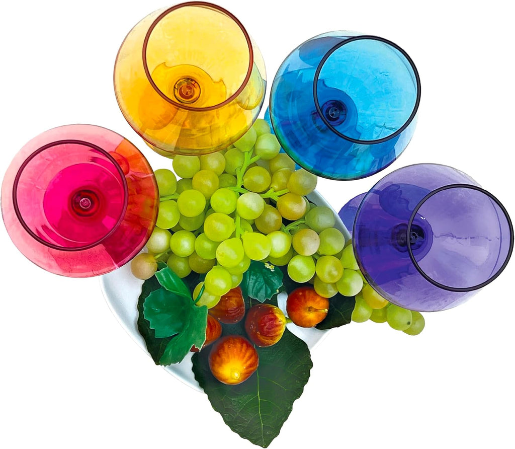 Acrylic Wine Glasses with Stems. Set of 4 Colored, Reusable, Unbreakable and Shatterproof Poolside Outdoor Wine