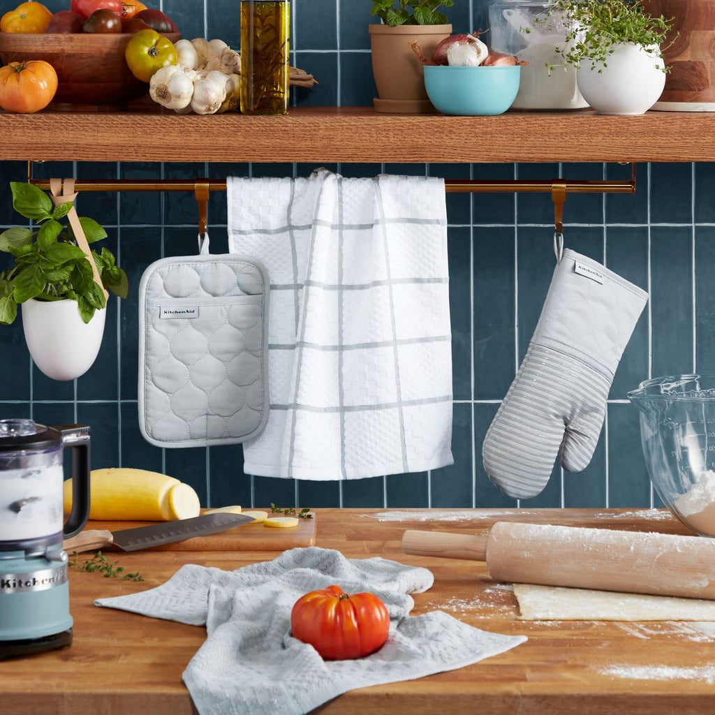 Quilted Cotton Terry Cloth Oven Mitt, Pot Holder, Kitchen Towel 4-Pack Set, Heat Resistant, Silicone Grip, 16"x26"