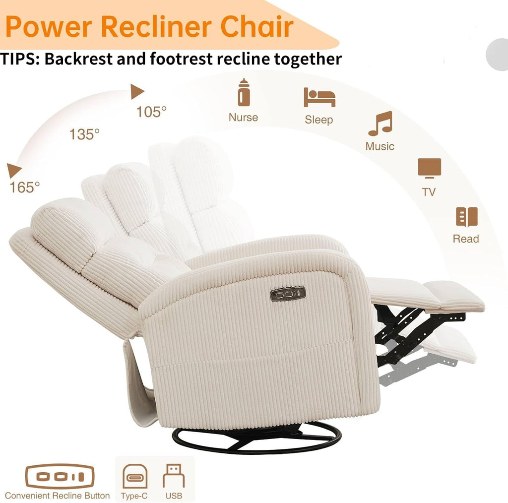 Power Swivel Rocker Recliner,reclining rocking chair,CreamWhite | 270° Swivel Rocker with Type-C & USB Port Double