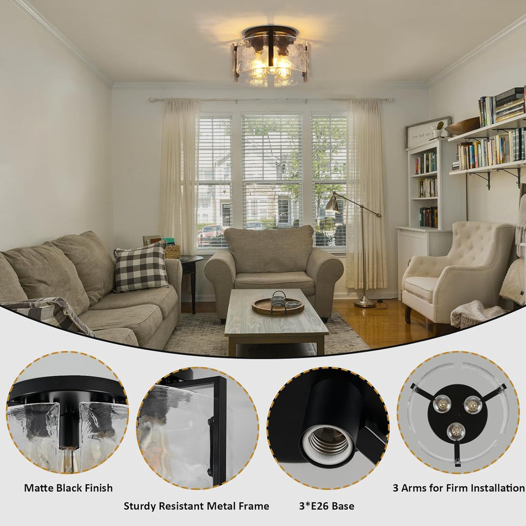 Black Semi Flush Mount Ceiling Light Fixture, 3-Light Modern Hallway Light Fixtures Ceiling Mount, Foyer Kitchen