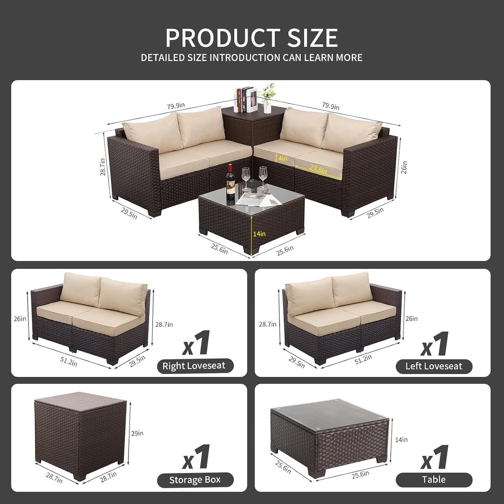 Patio Furniture Set 4 Piece Conversation Sets Brown Rattan Outdoor Couch Loveseat Wicker Sectional Sofa with Storage