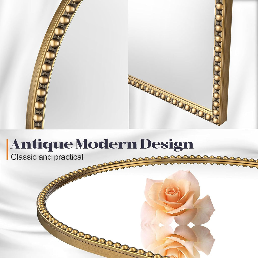 Arched Antique Gold Mirror with Beaded, 28"x36" Decorative Wall Mirrors, Champagne Bronze Brass Frame Vintage Mirror