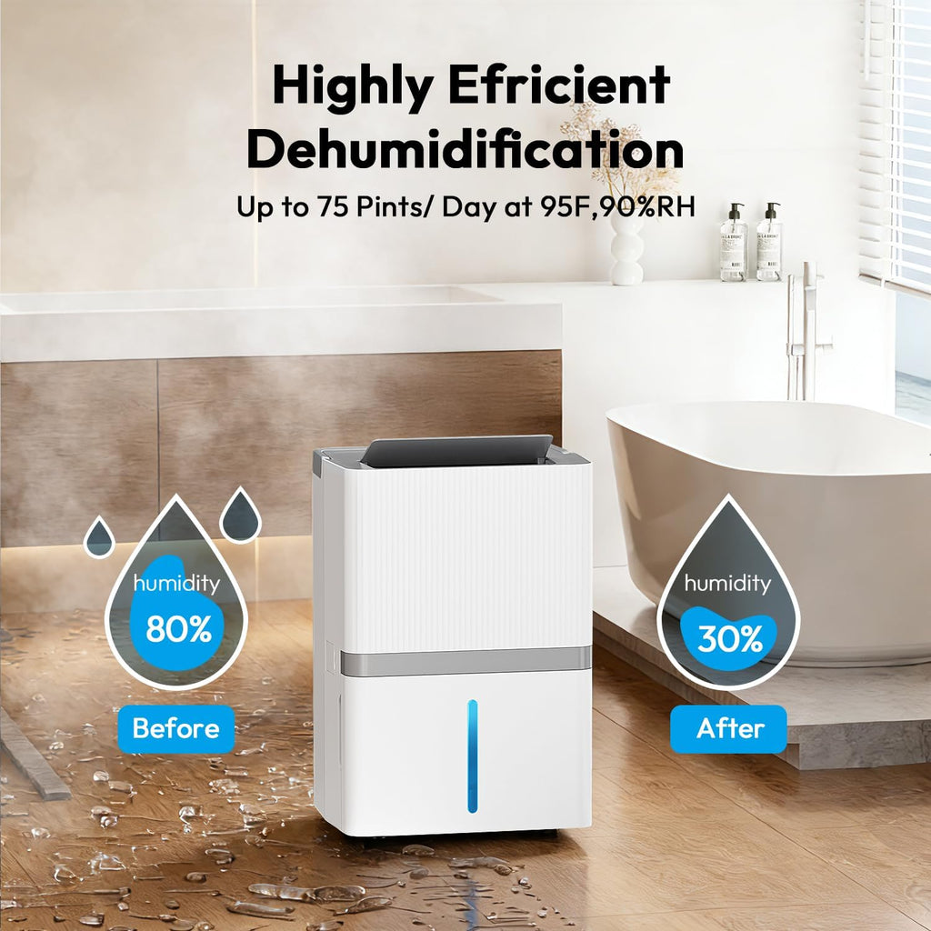 5000 Sq.Ft Dehumidifier for Basement and Home, 75 Pints Dehumidifier with Drain Hose, Smart Humidity Control, 24H