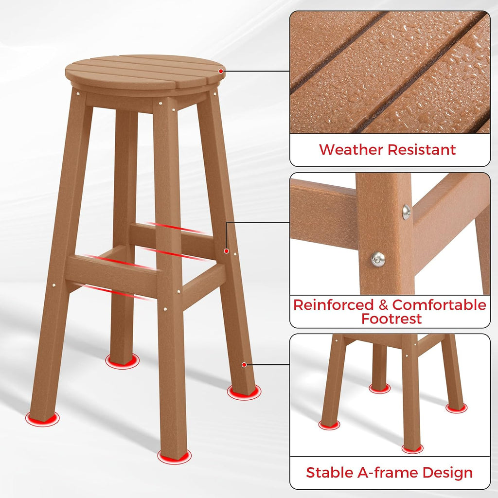 29" Height Outdoor Bar Stools, All-Weather Bar Stools, Adirondack Poly Patio Round Bar Stool Counter and Garden, Teak