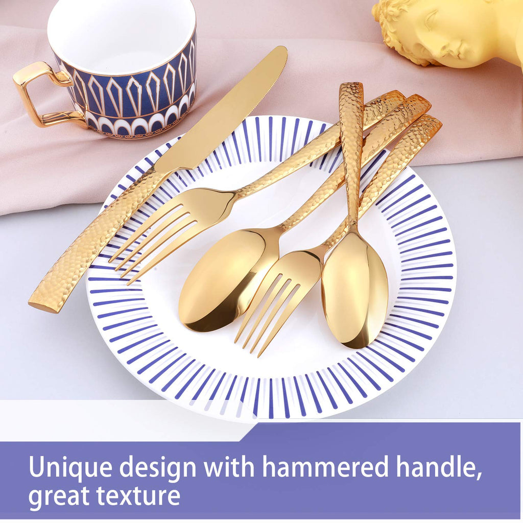 Silverware Set Flatware Set Gold Hammered 20 Pieces Service for 4