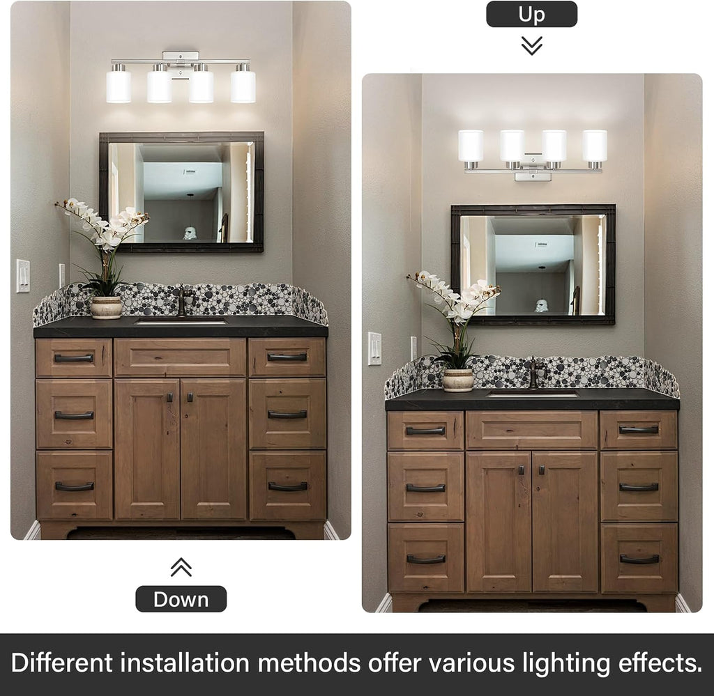 Brushed Nickel Bathroom Light Fixtures Vanity Lights Over Mirror | Modern 4-Light lighting fixtures with Milky White