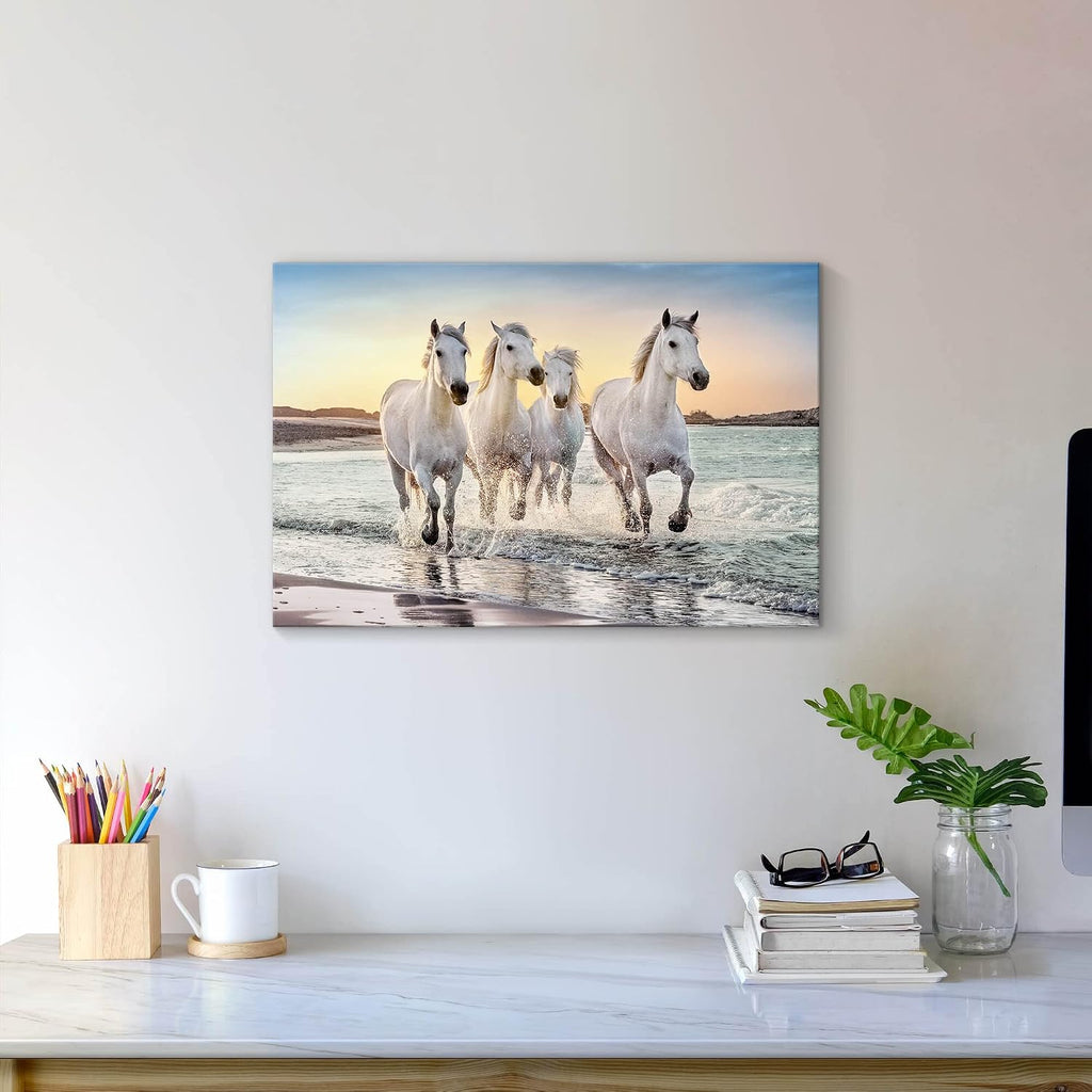 Beach Horse Canvas Wall Art: White Elegant Equines Photo Prints Graceful Seaside Animals Office Painting Ocean Steeds