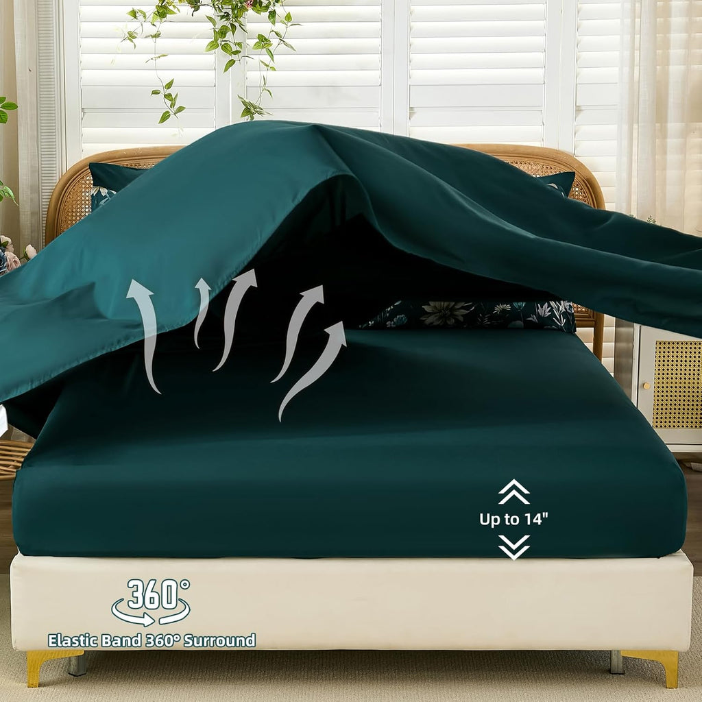 Queen Floral Comforter Set 7 Pieces, Teal Floral Comforter with Sheet Set, Flowers Leaves Pattern