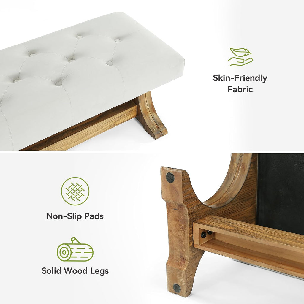 55" Upholstered End of Bed Bench, Solid Wood Tufted Entryway Bench, Farmhouse Ottoman with Cushion , Foot of Bed